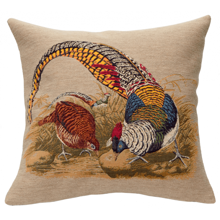 Beige Venerated Pheasant cushion, hunting relay, countryside, birds, - Jules Pansu