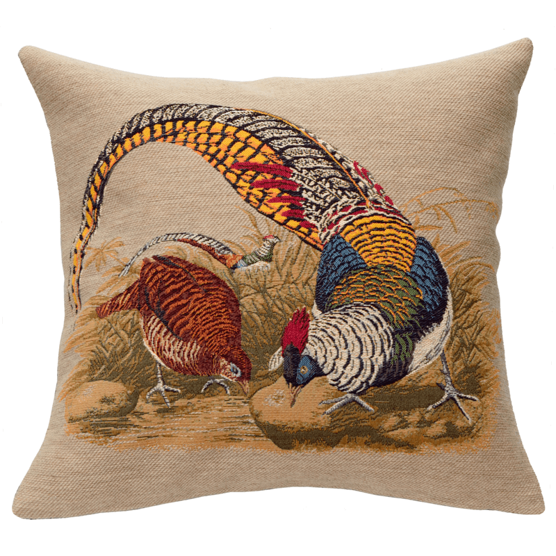 Coussin Faisans Vénérés beige, relais chasse, campagne, oiseaux, - Jules Pansu