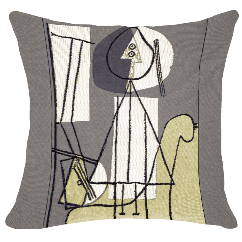 Coussin outdoor Peintre à la palette et au chevalet, Picasso, gris, jaune, blanc, design, artiste  - Jules Pansu