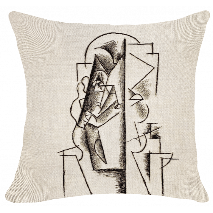 cushion,Tête d'homme cushion 1912, line drawing, black and white  - Jules Pansu