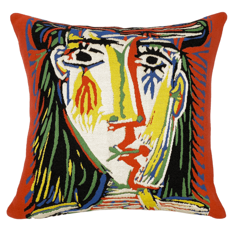 Coussin Outdoor Picasso Jacqueline au chapeau de paille, rouge, jaune bleu,  - Jules Pansu