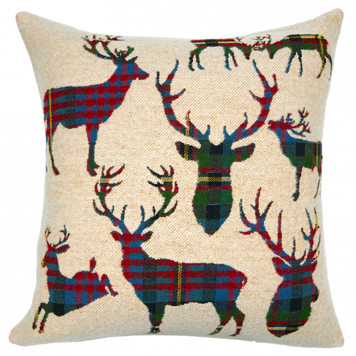 Coussin tartan écossais motif de cerf rouge tissage jacquard - Jules Pansu
