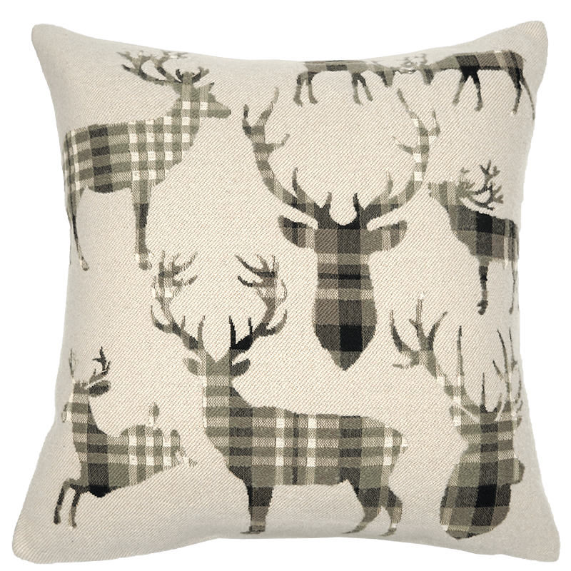Coussin tartan écossais motif de cerf beige tissage jacquard - Jules Pansu