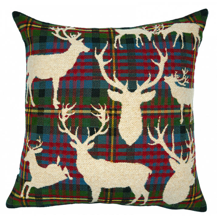Housse de coussin cerf tartan écossais rouge - Jacquard Jules Pansu