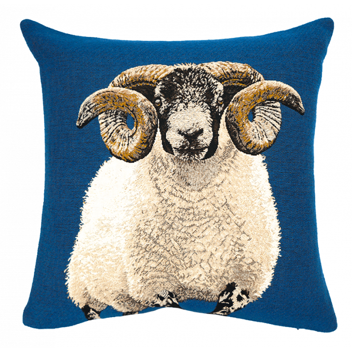 coussin Bélier écossais bleu tissage jacquard Jules Pansu - Déco campagne