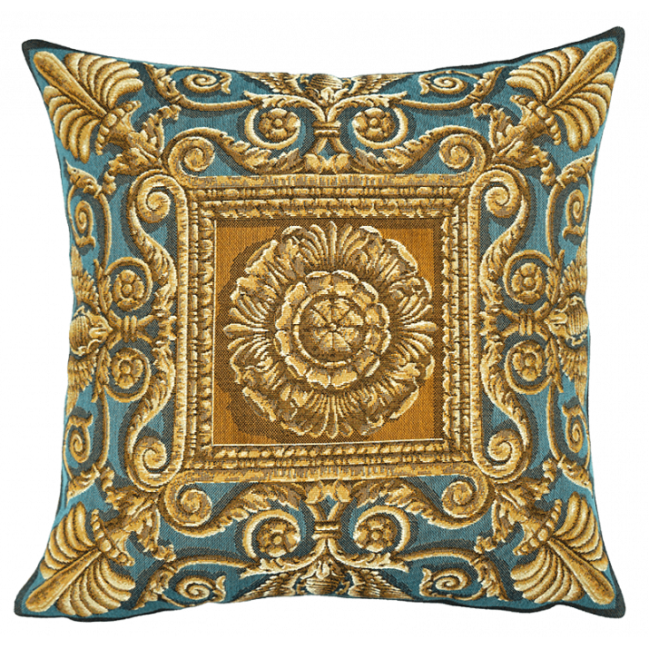 Housse de coussin Ornements bleu tissé en France par Jules Pansu, tissage jacquard tapisserie - cadeau boutiques de musées