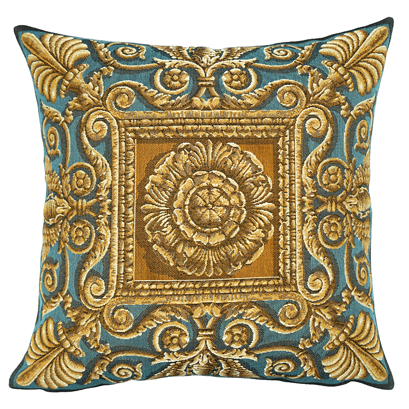 Housse de coussin Ornements bleu tissé en France par Jules Pansu, tissage jacquard tapisserie - cadeau boutiques de musées