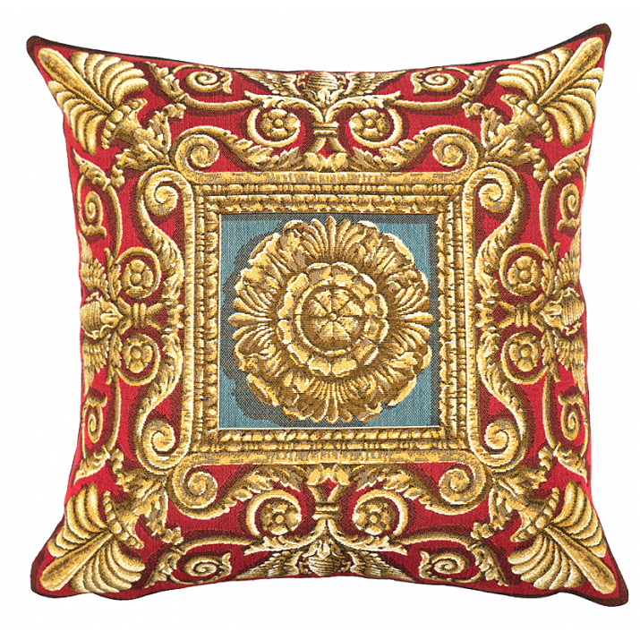 Housse de coussin Ornements rouge tissé en France par Jules Pansu, tissage jacquard tapisserie - cadeau boutiques de musées
