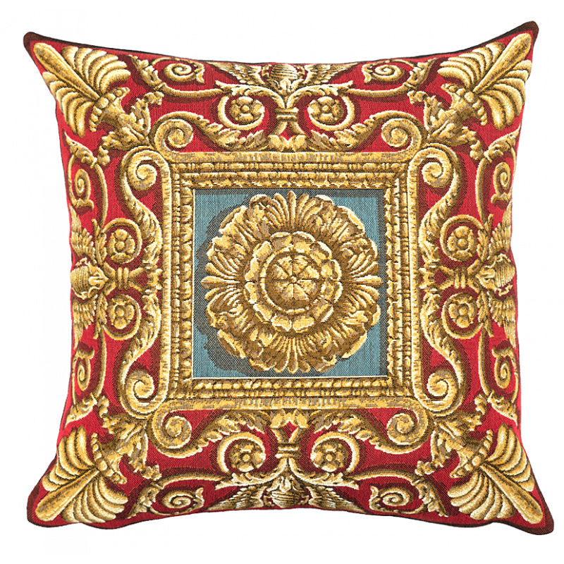 Housse de coussin Ornements rouge tissé en France par Jules Pansu, tissage jacquard tapisserie - cadeau boutiques de musées