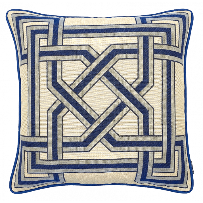 coussin déco pour canapé "Brides bleu" en tapisserie Jules Pansu. Tissé en Flandres en France