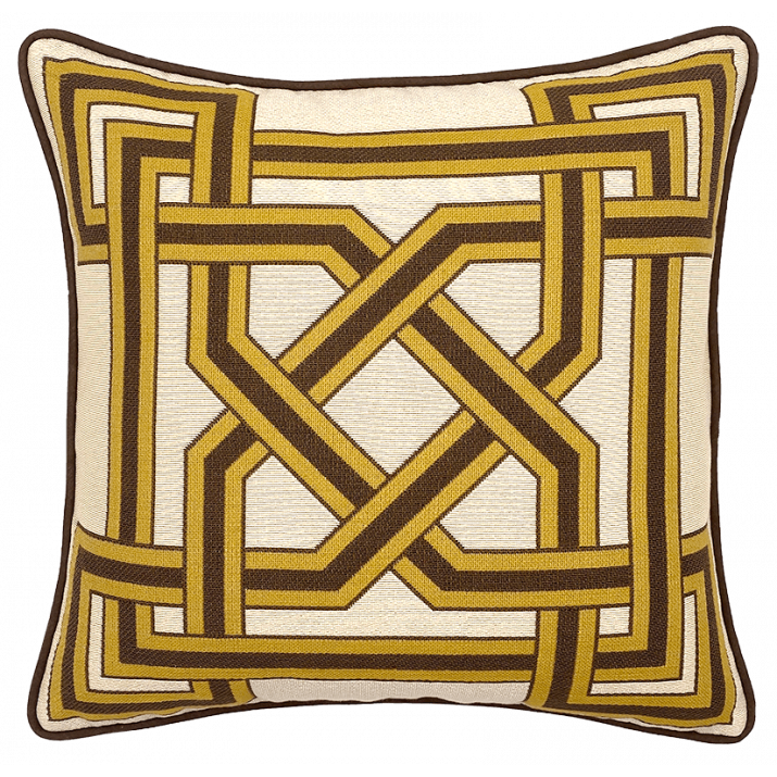 coussin déco pour canapé "Brides ocre" en tapisserie Jules Pansu. Tissé en Flandres en France